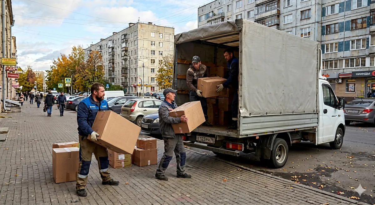 Газель с грузчиками загружает коробки