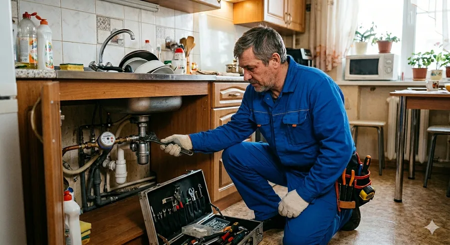 Мастер на час чинит сантехнику под раковиной